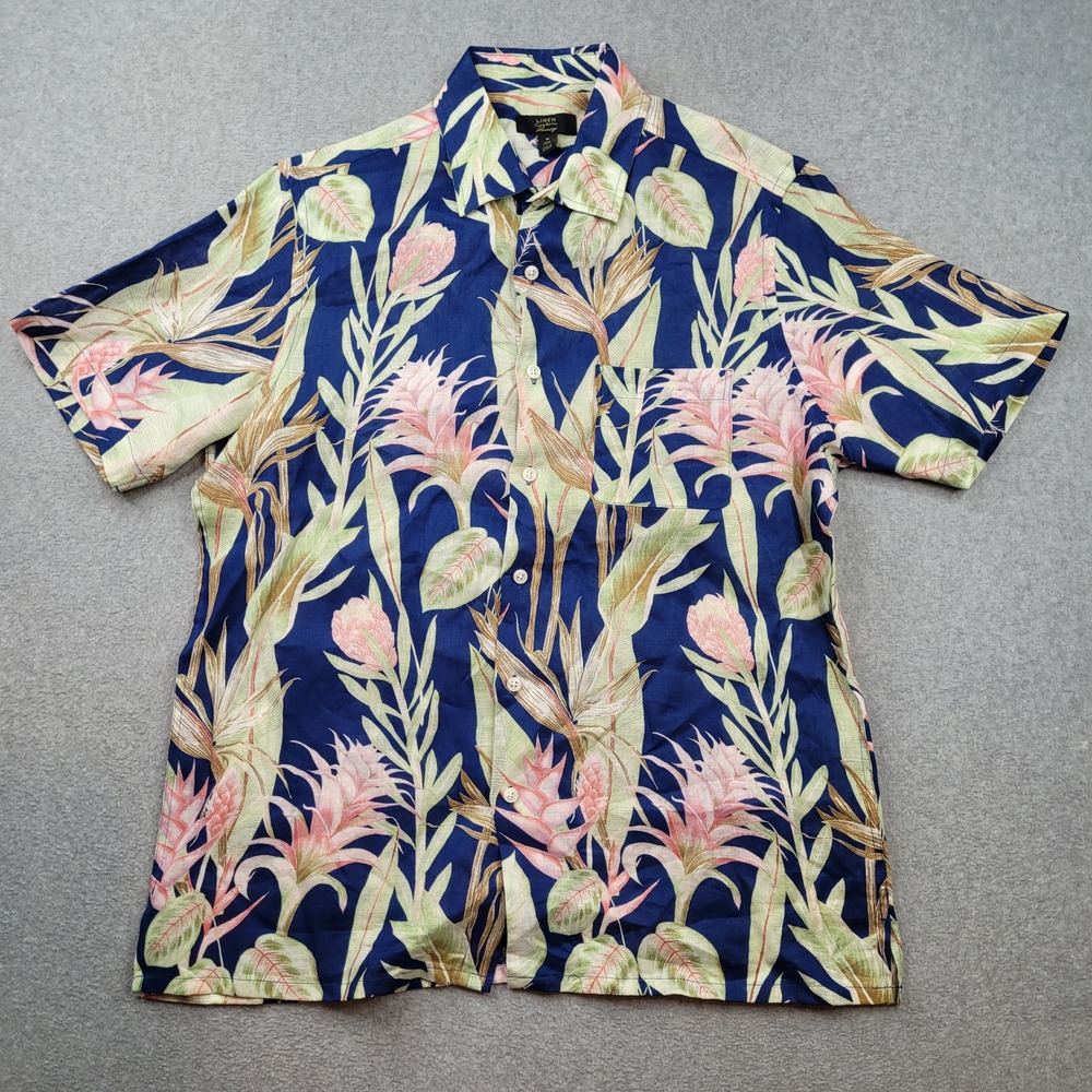 Club Room 100% Linen Shirt Mens Medium Floral Tropical Button Up Short Sleeve